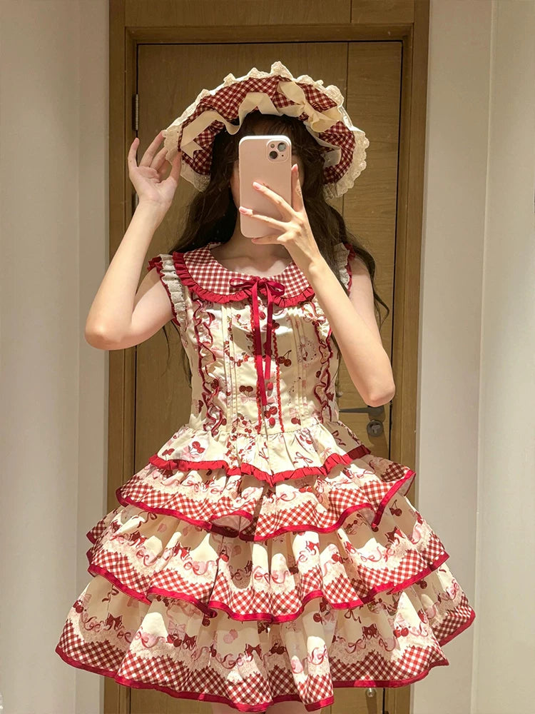 Dream Bunny - The Cherries Are Ripe - Cherry-Print Lolita Fashion Set with Gingham Ruffles