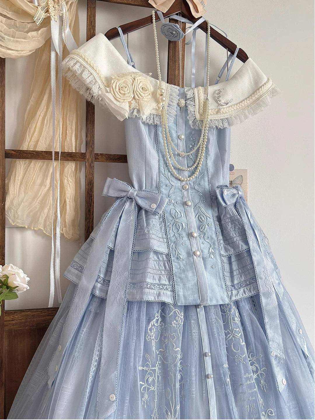 Creamy - Blue Bridal - Top and Skirt Set with Pearl Trim and Floral Embroidery