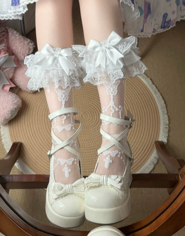 Swallowtail knot white Sweet Lolita mid-calf lace socks with bow detail