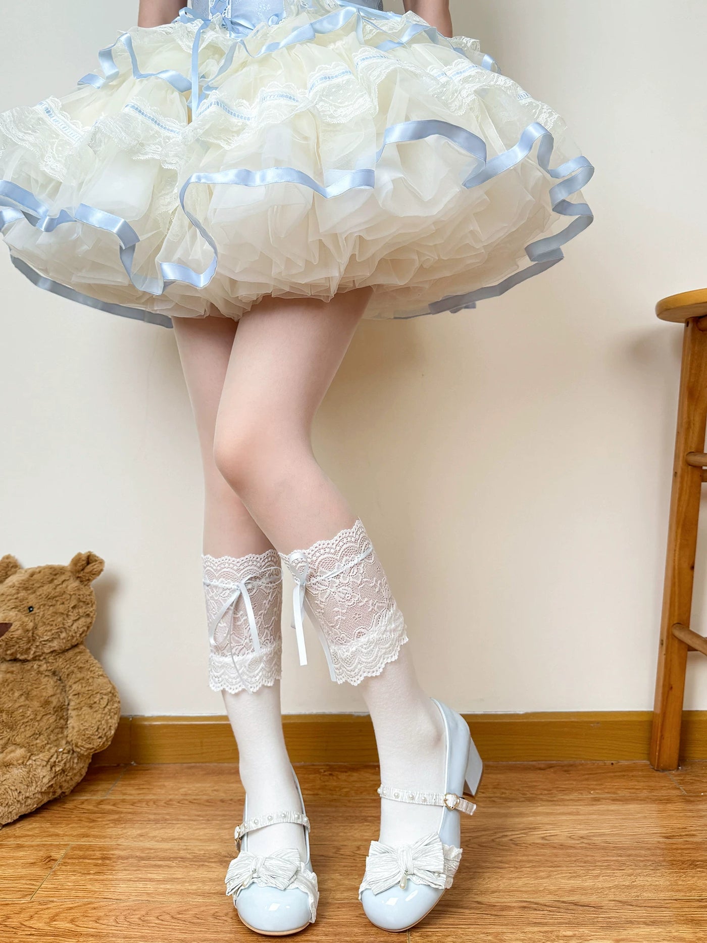 Chubby Bear Tales - Cream Ballet - Socks with lace cuffs and ribbon ties in three lengths
