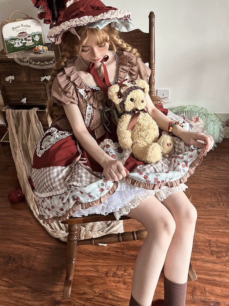 Baozi Pig - Cherry Pastoral - Red OP Dress with Cherry Print