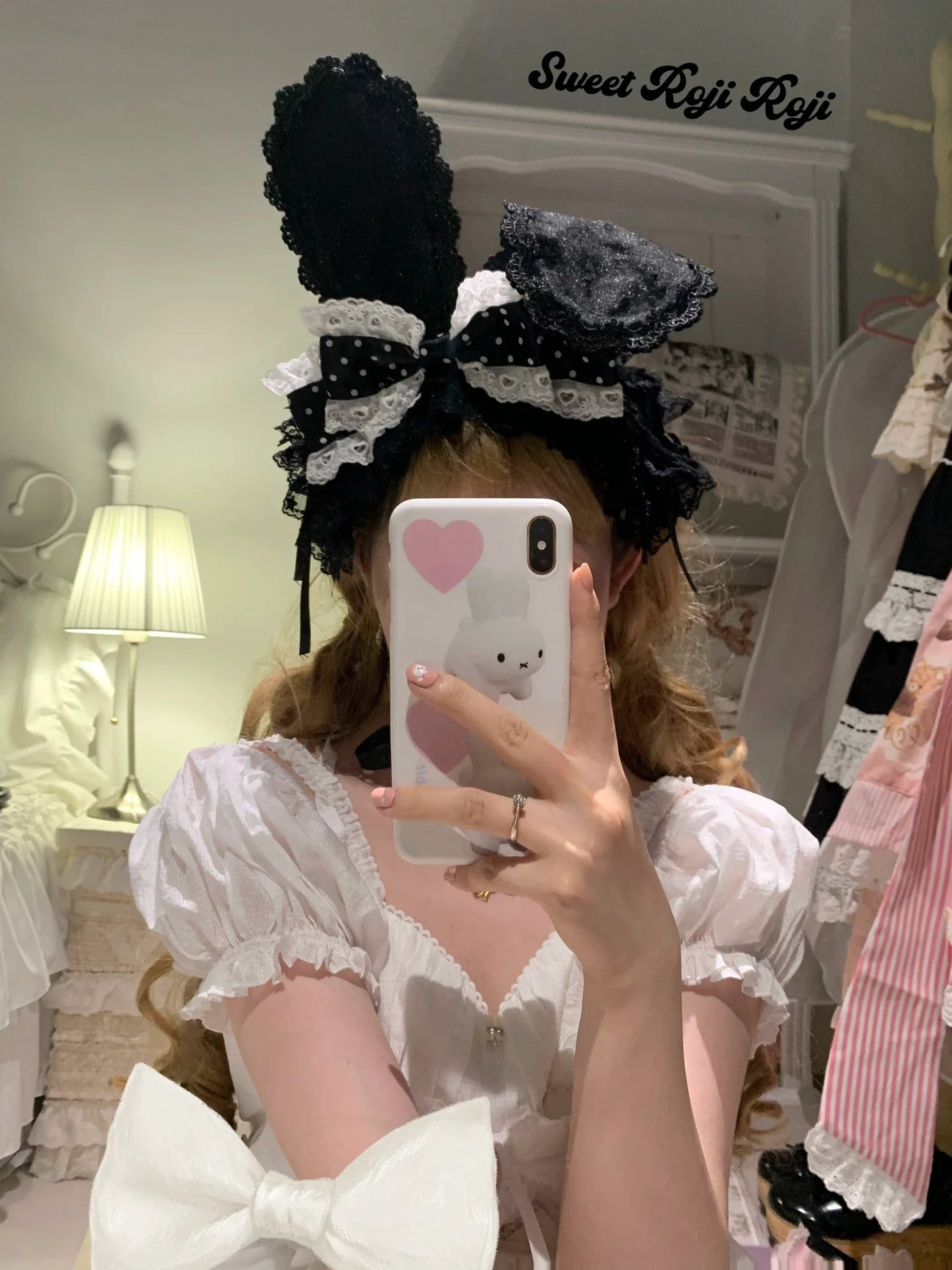 Roji Roji - Kawaii Lolita Bunny Ear Hairband - Polka Dot Bow Headwear