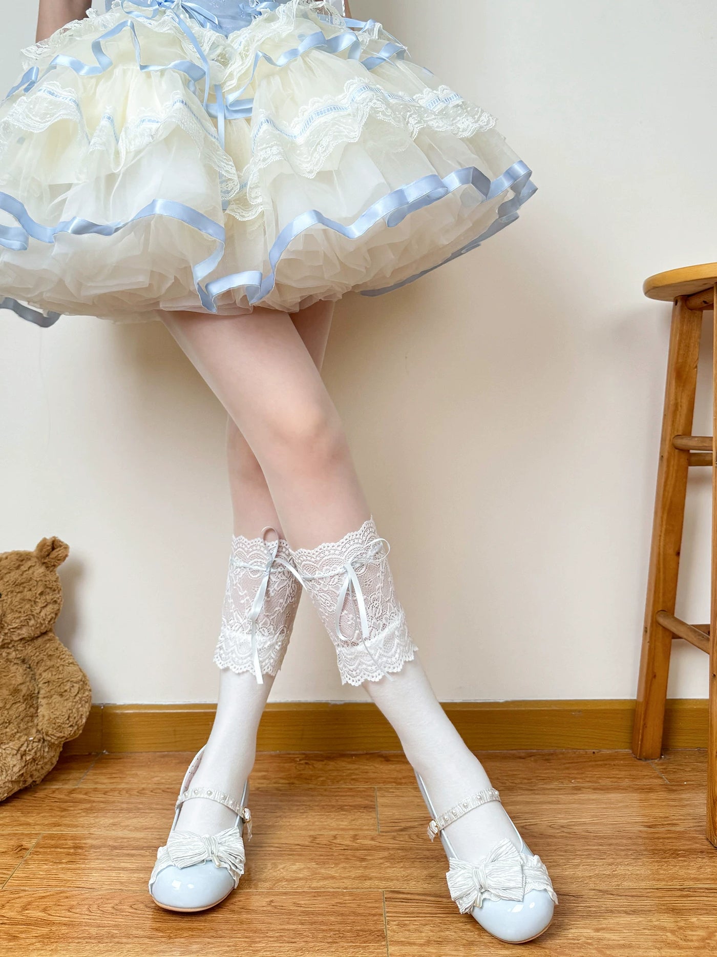 Chubby Bear Tales - Cream Ballet - Socks with lace cuffs and ribbon ties in three lengths