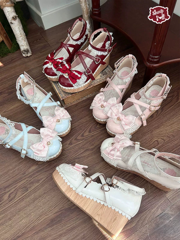 Sheep Puff Strawberry Love Song platform Lolita shoes featuring pink strawberry motifs and elegant design.