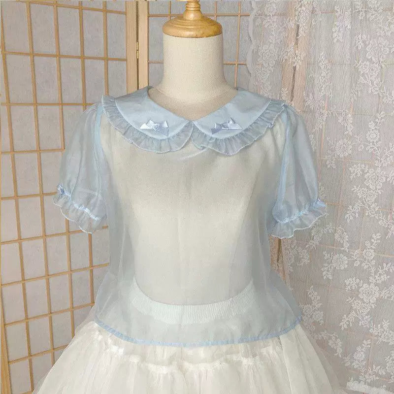 Sweetheart Dream Machine - Cloud Collar - Sheer Short-Sleeve Peter Pan Blouse