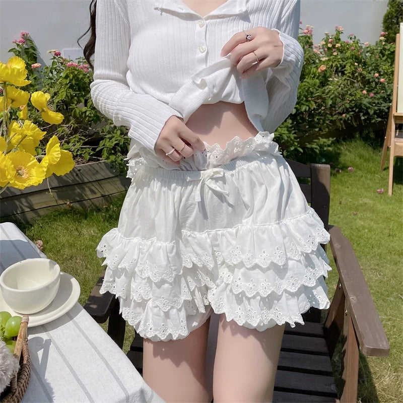Sugar Girl - Cotton Lolita Bloomers - Tiered Hem Cake Shorts Neckwear
