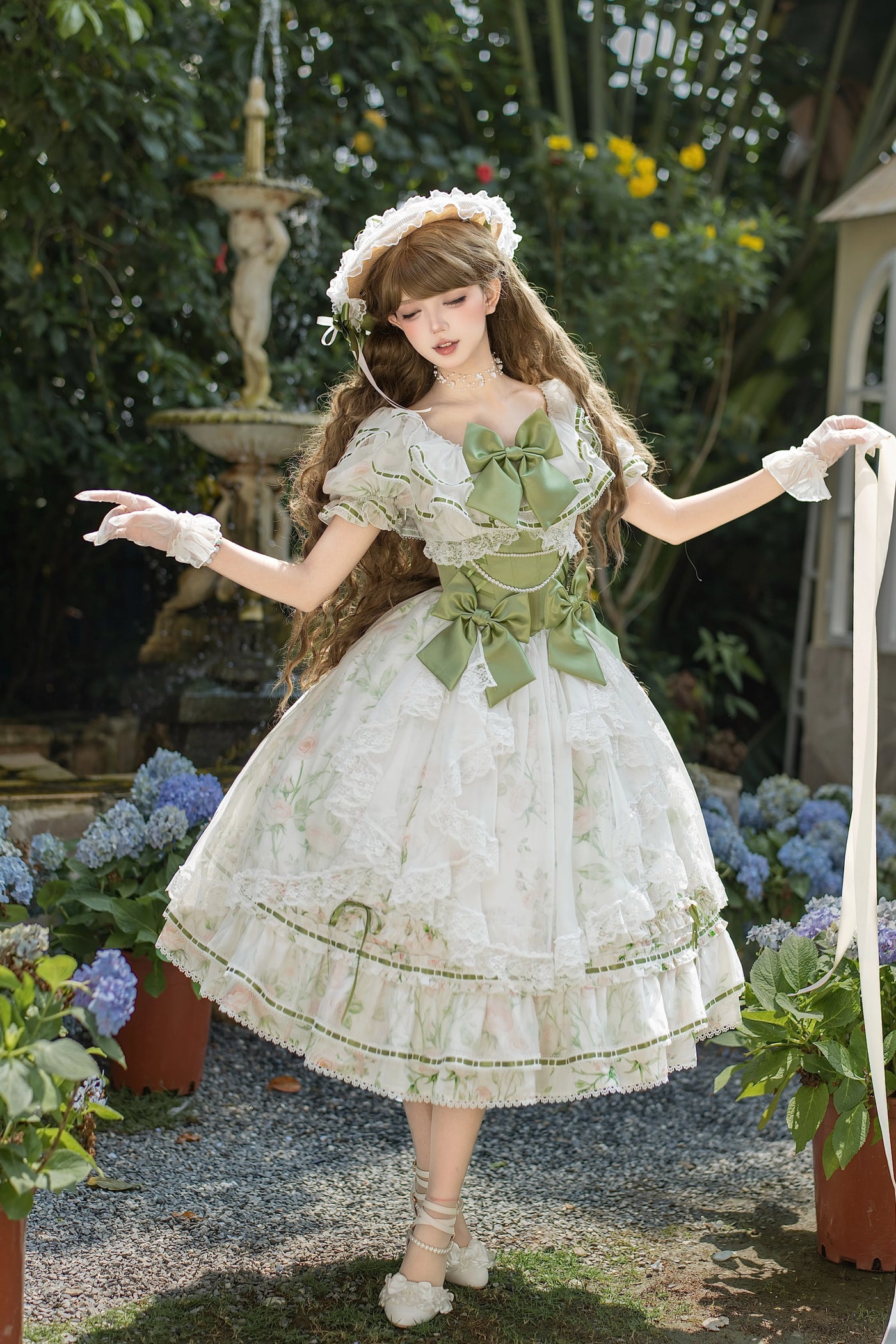 rosedecheese - Aphrodite's Spring - Green-and-White Long Skirt with Botanical Print