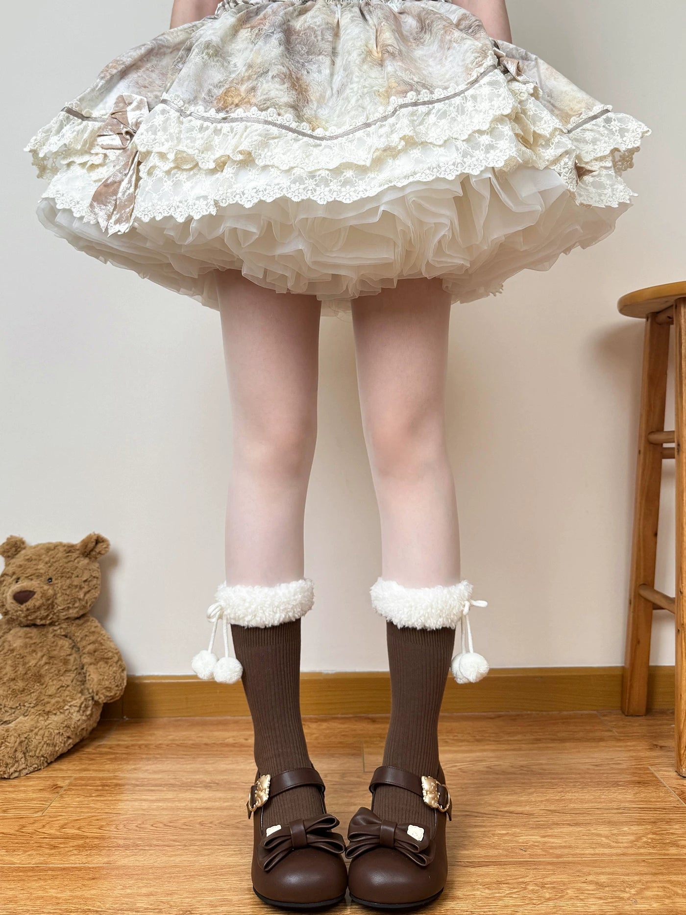 Chubby Bear Tales - Fluffy Winter - Mid-Calf Scrunch Socks with Pom-Pom or Bow Cuffs