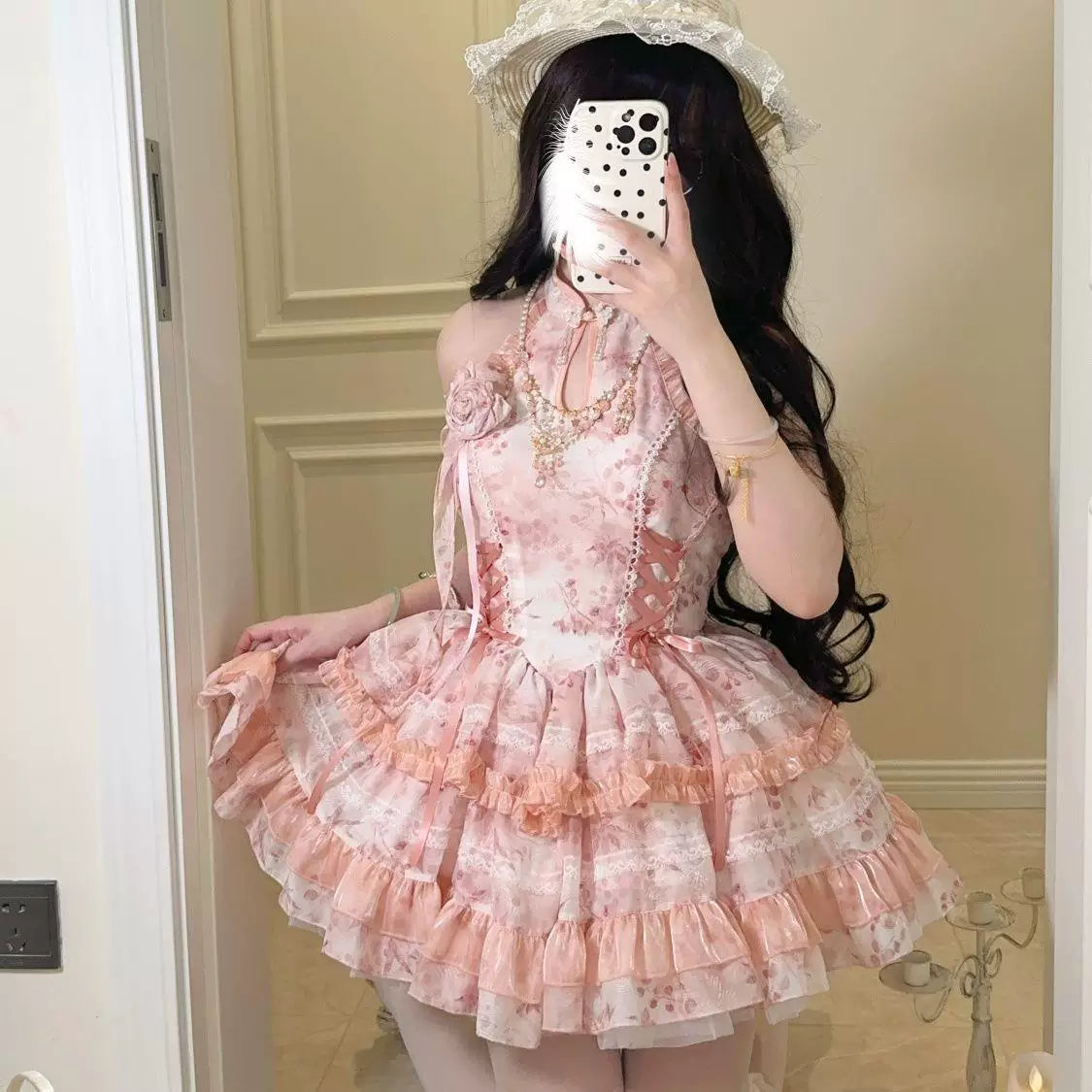 Sweetheart Dream Machine - Peach Moon Bamboo - Chinese-Inspired Halter Dress with Layered Ruffles