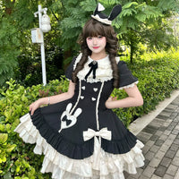 Zhijinyuan - Cream Bud - Puff-Sleeve OP Dress with Lace and Bows - Black OP / S