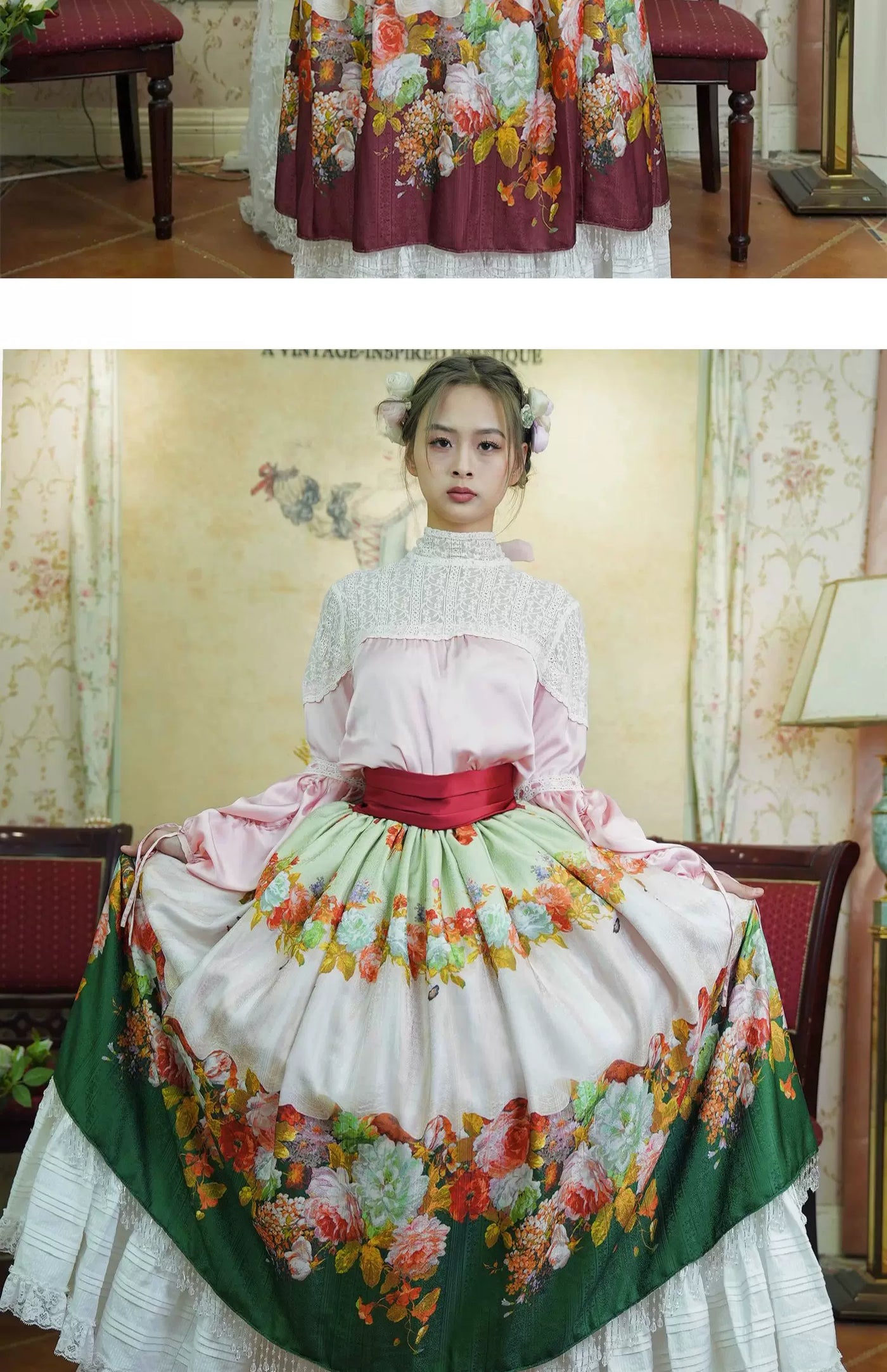 LACE GARDEN - Rainy Season Garden - Blouse and Full Skirt Set with Lace Yoke