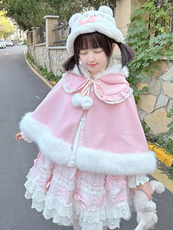 Jelly Girl - Winter Bunny - Plush Hooded Cape with Pom-Pom Ties