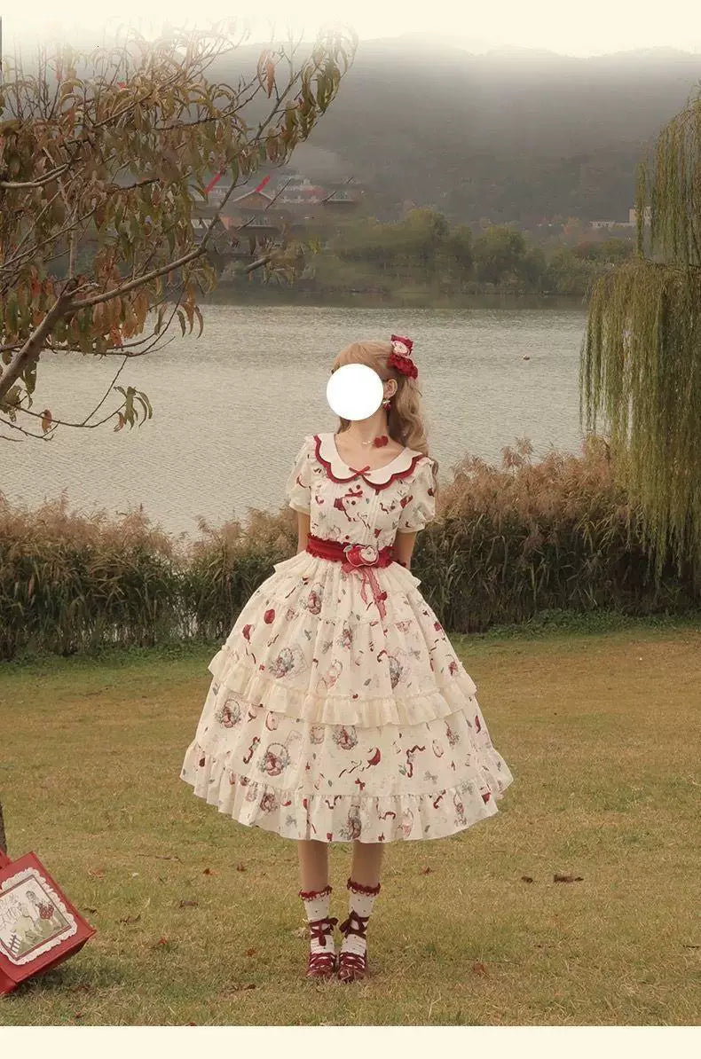 Sweetheart Dream Machine - Apple Tea - Cream Short-Sleeve OP Dress with Apple Motif