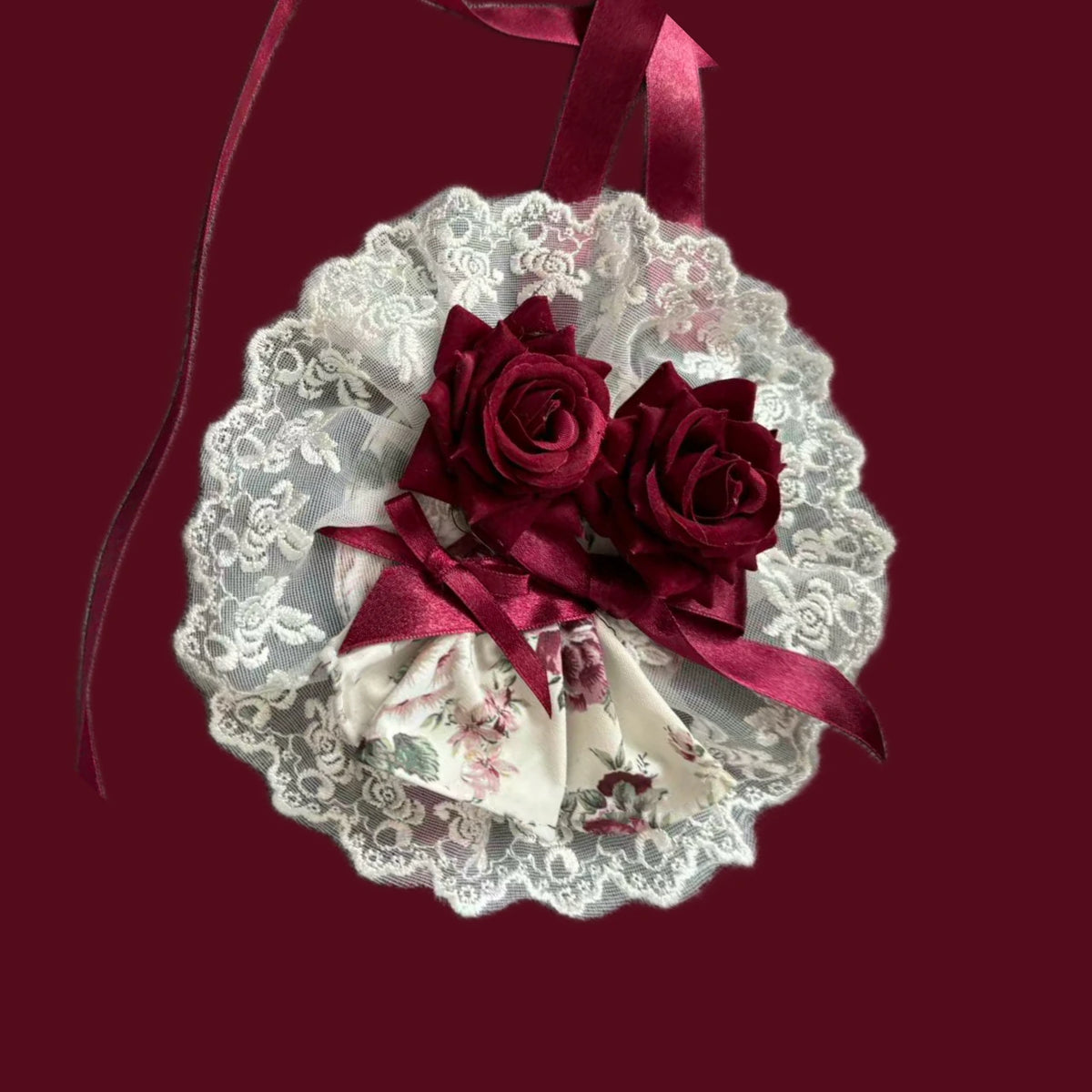 Tata Long Ear - Burgundy Roses - JSK Dress with Pale Rose Print and Tiered Ruffles