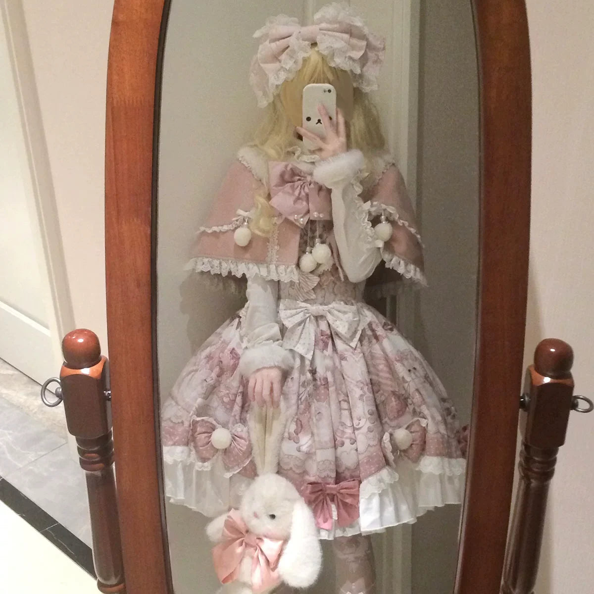 Matutu - Dessert Catlets - Sweet Lolita JSK dress and faux-fur collar cape set with cat and strawberry prints - product detail 12