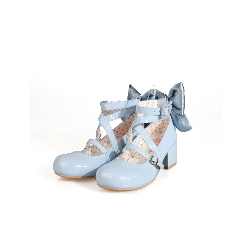 MODO - Follow in the Moonlight - Sweet Lolita shoes with round toes, crisscross straps and a detachable back bow