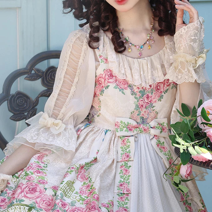 Krad Lanrete sheer Beauty and the Beast blouse with princess sleeves and floral front panel