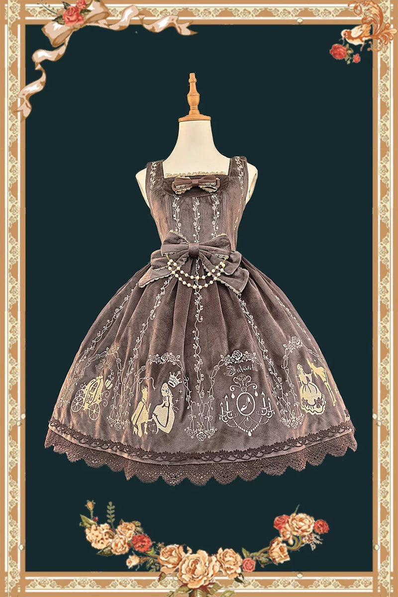 Cinderella - Velvet Classic Lolita JSK Dress, Princess Embroidery Velvet JSK - Coffee Brown with Apricot Embroidery S