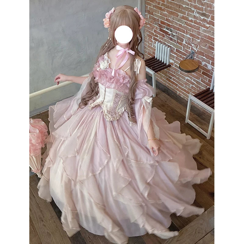 Flora Muse - Floral Lolita Ball Gown - Blue off-shoulder formal