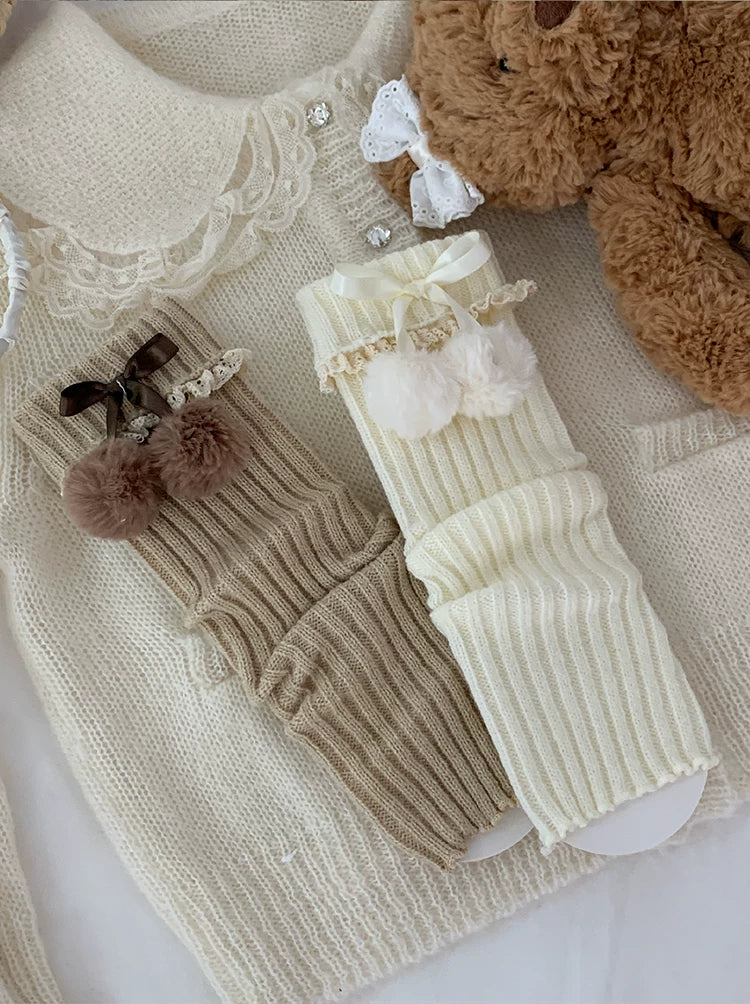 roji roji - Lace Pom-Pom - Knit Leg Warmers with Lace Edging, Ribbon Ties and Handmade Pom-Poms