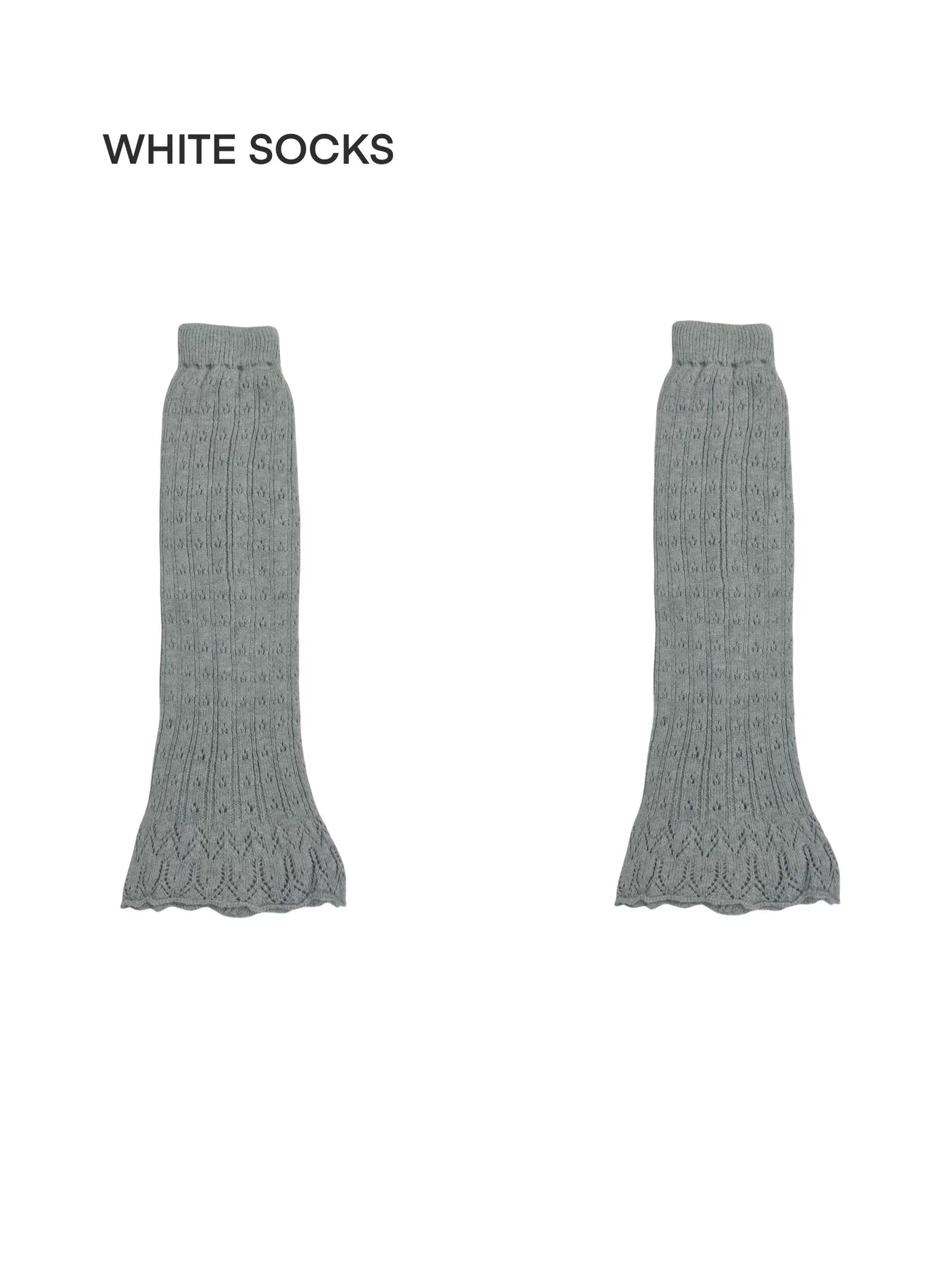 White Socks grey and white openwork knit leg warmers styled with sandals.