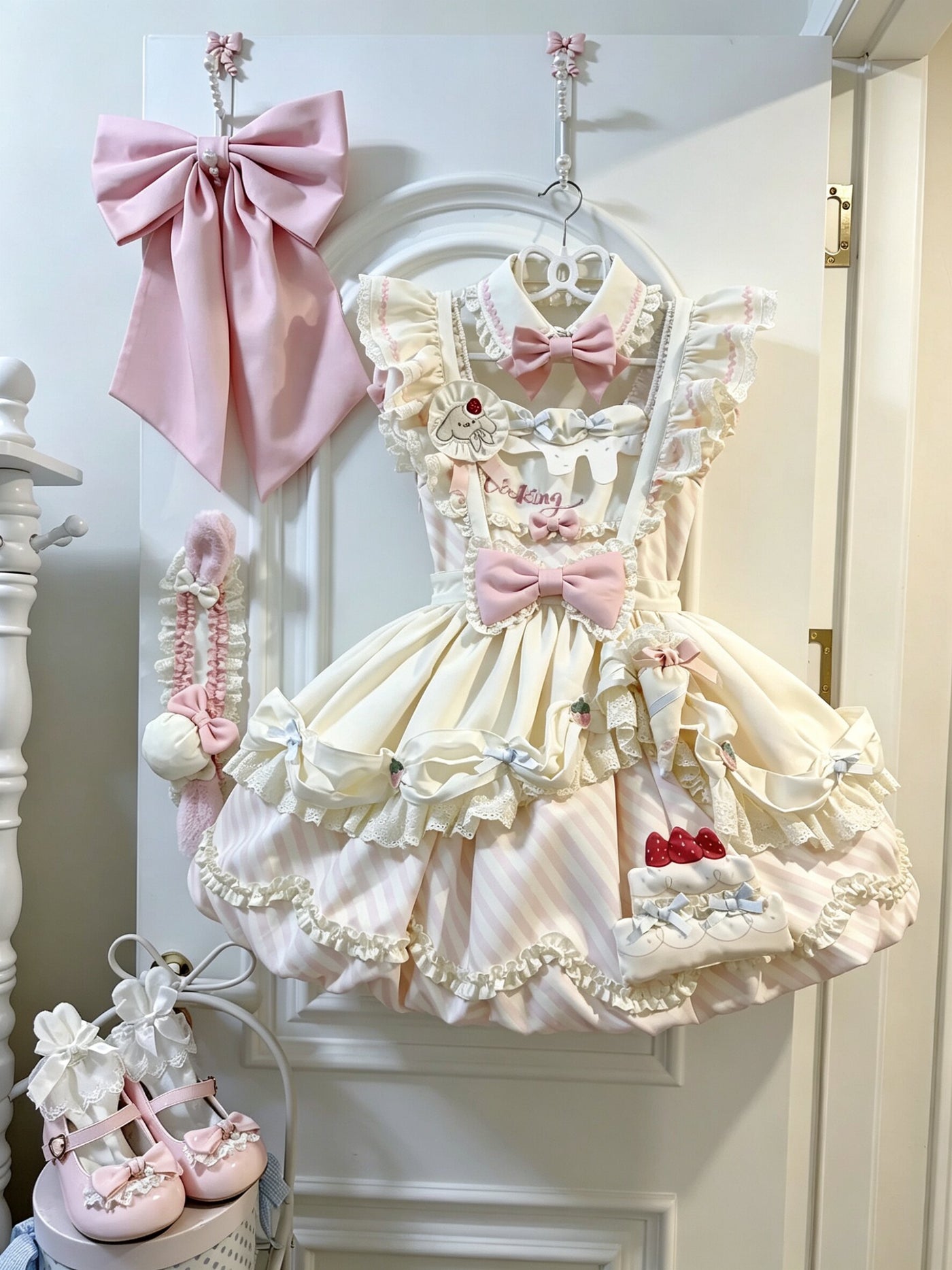 Blue Salty Dots Puppy Pastry Chef sweet Lolita OP dress, front view