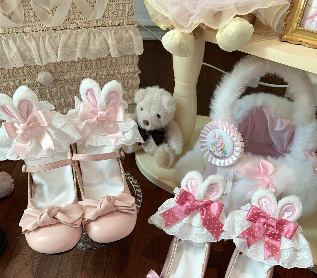 roji roji - Bunny Bow - Lace-Trimmed Short Socks with Polka-Dot Bows