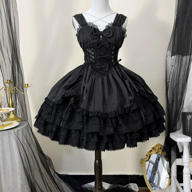 Lady Han Gothic JSK dress featuring a cross medal design, black fabric, and Gothic style, perfect for Lolita fashion enthusiasts.