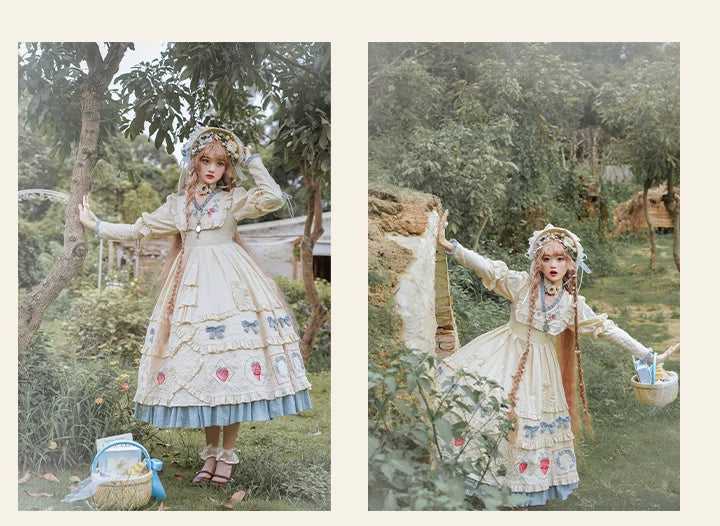 Baozi Pig - Strawberry Jam - Long-Sleeve OP with Red Strawberry Motifs and Blue-Grey Ruffles