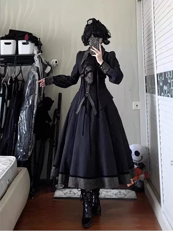 Black gothic blouse and long skirt set with a ruffled front