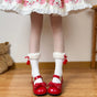 Fluffy white socks with a red side pom-pom, mid-calf socks, one size