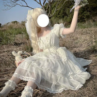 Xingmian Gummy - Miss Fula - One-Piece Dress with Lace-Trimmed Tiered Skirt - Miss Fula OP + small butterfly + large bow + train / XS
