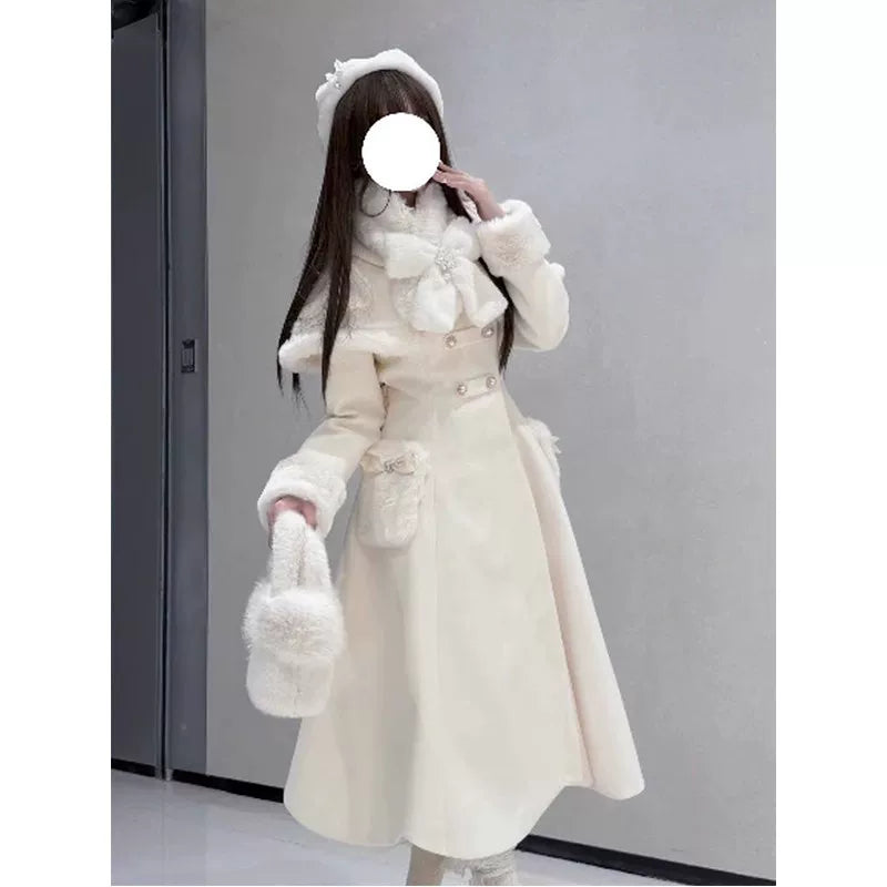Creamy - Milky-White Heiress - Detachable Cape Dress Coat Set with Included Scarf
