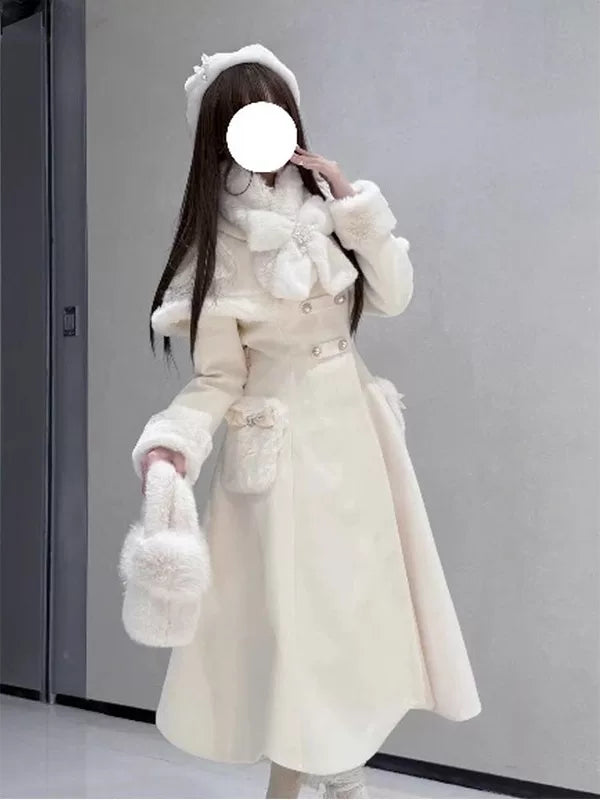 Creamy - Milky-White Heiress - Detachable Cape Dress Coat Set with Included Scarf
