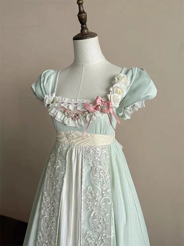 Creamy - Forest Empire - Green One-Piece Dress with Lace-Trimmed Panels