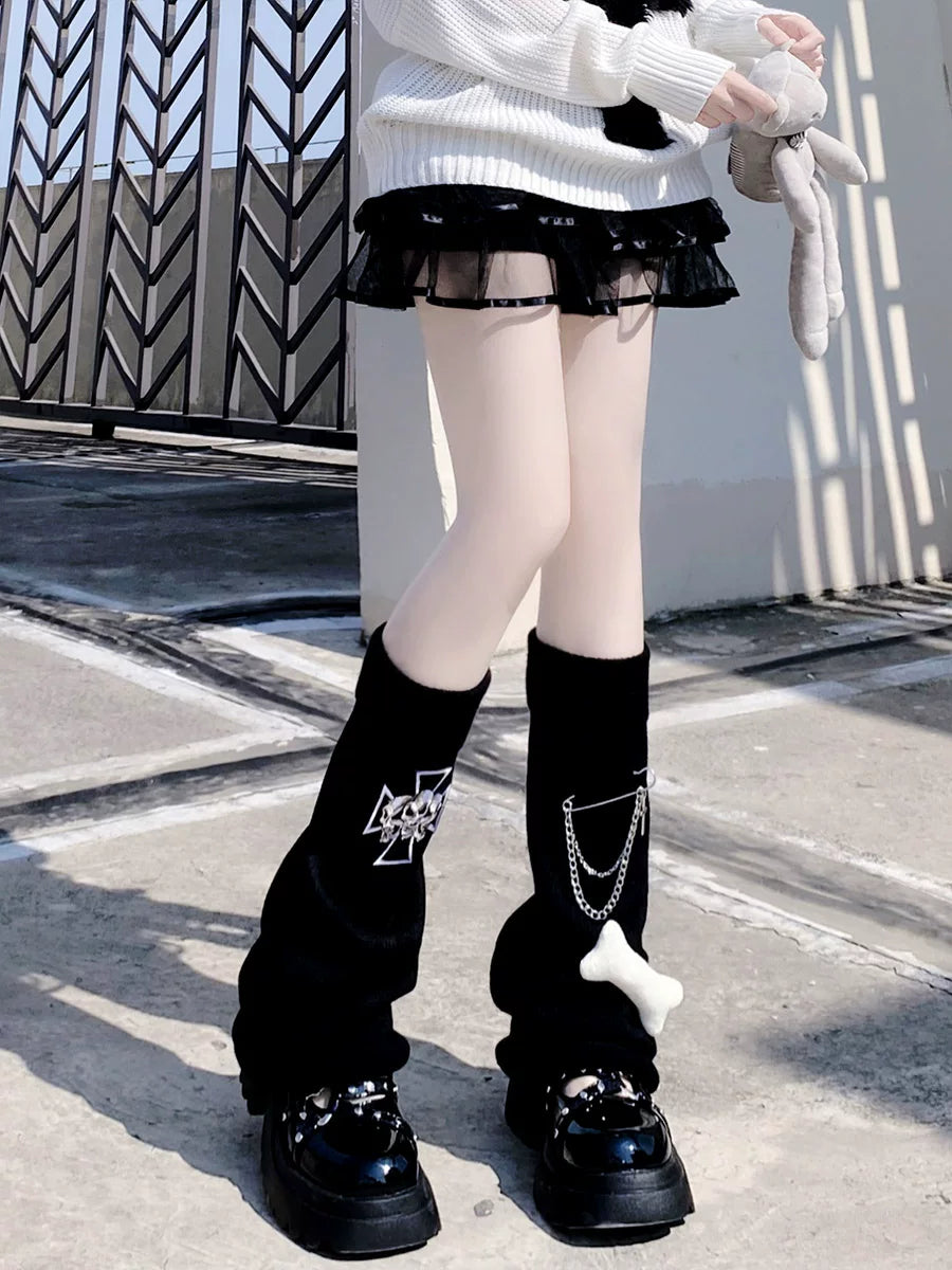 Floral Milk Cat - Chain Bone - Black slouch calf socks with chain and bone details