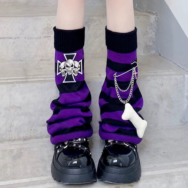 Black-and-purple slouch calf socks with chain and bone details