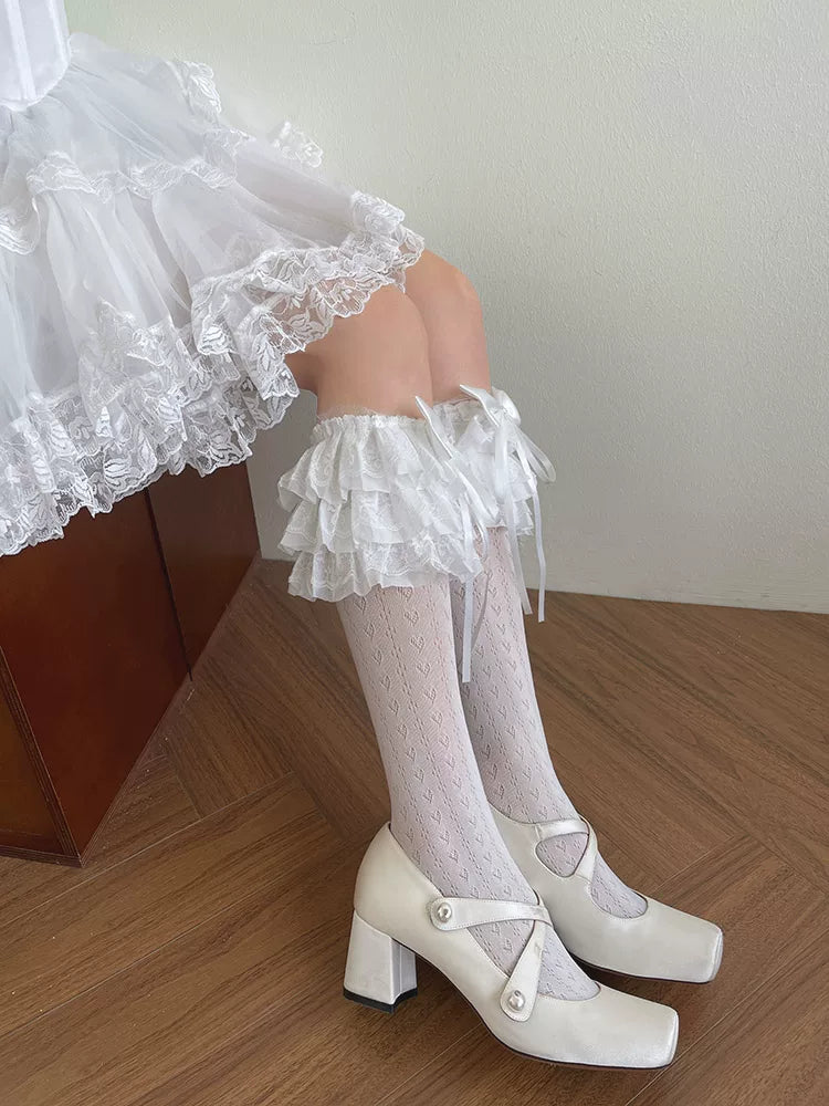 Sock Noble - Heart Lace - Mid-Calf Lolita Socks with Layered Bows