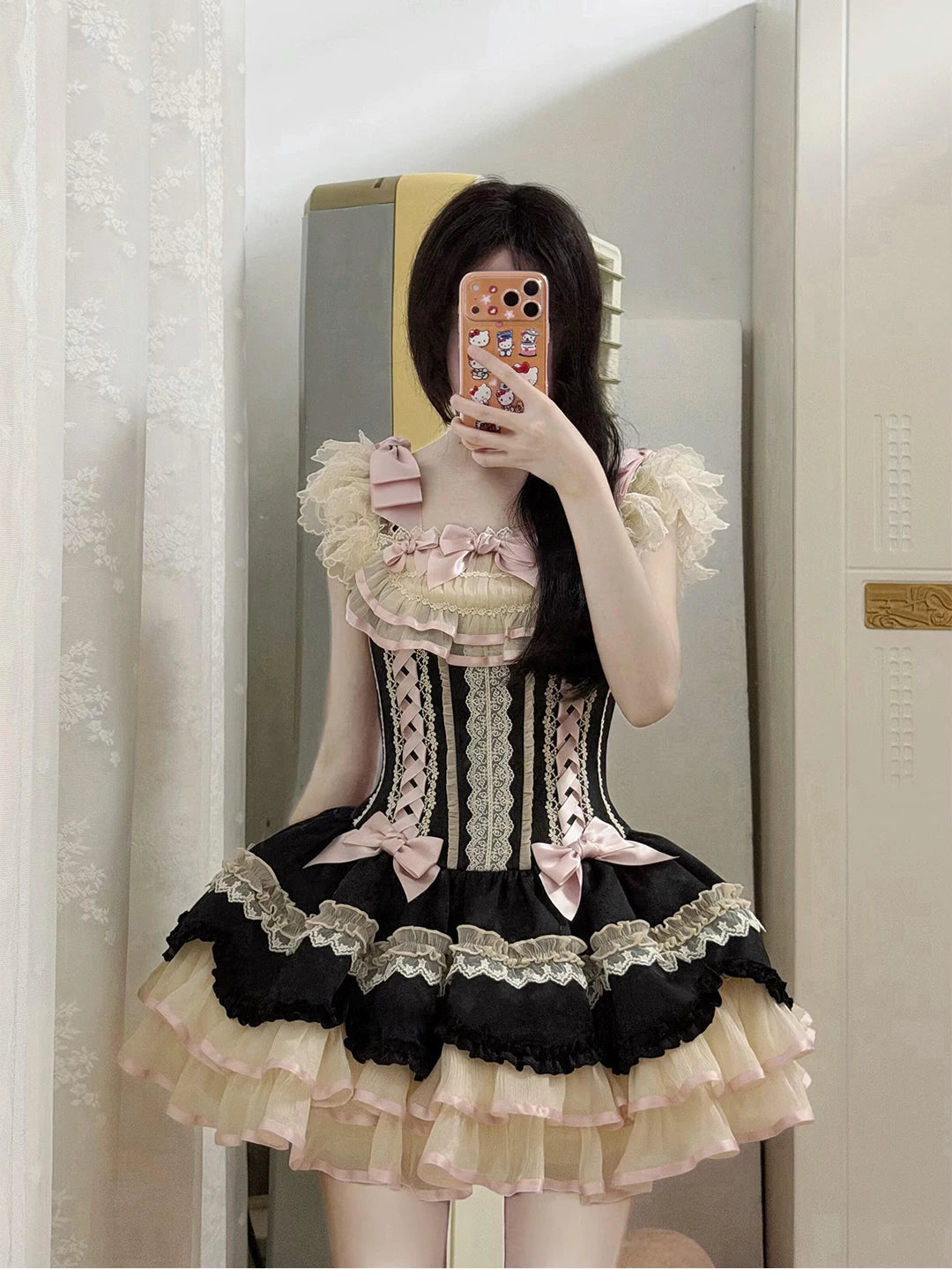 Creamy - Black-Pink Ribbon - JSK Dress with Ribbon Trim