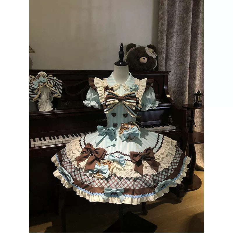 Creamy - Mint Chocolate Bear - Short-Sleeve One-Piece Dress with Layered Bows