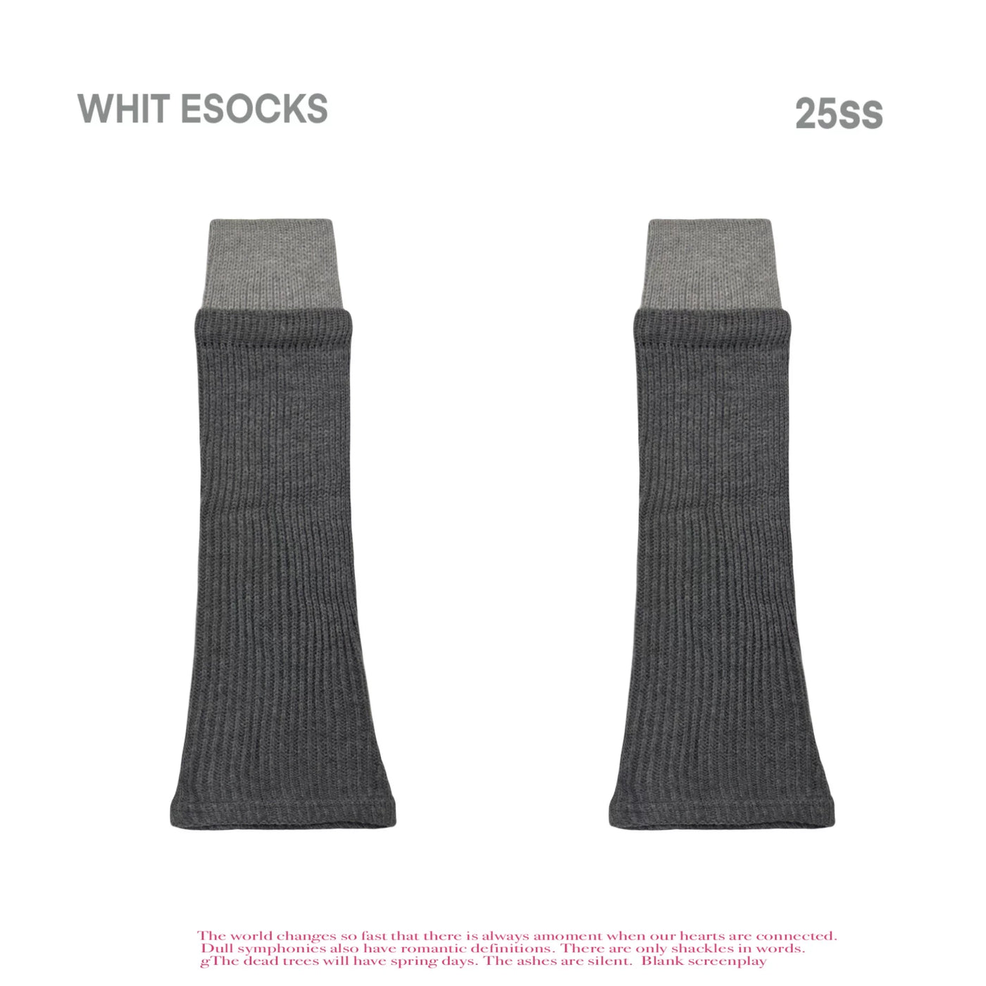 Color-block ribbed mid-calf leg warmers in gray and cream tones styled over neutral shoes.