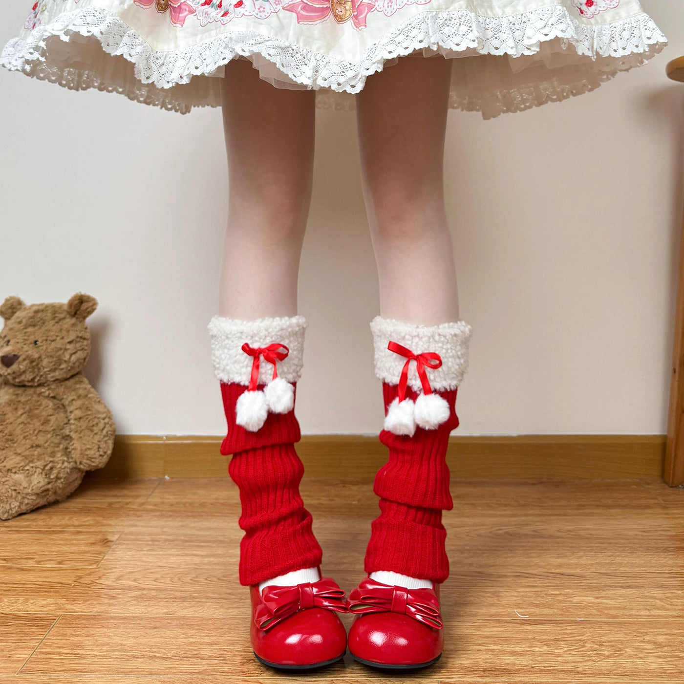 Chubby Bear Tales - Strawberry Doll - Scrunched Sock Covers with Ribbon Ties and White Pom-Poms
