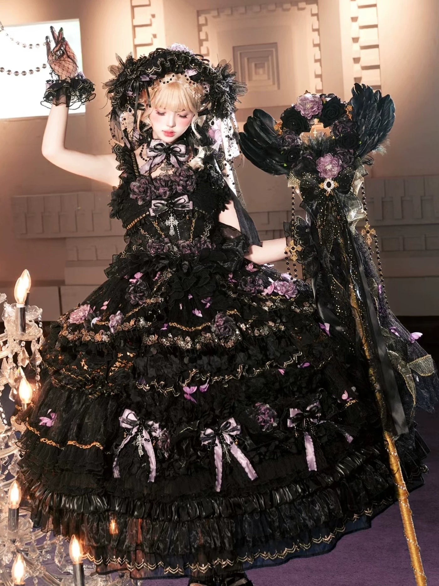 Cat Fairy - Moonlit Butterfly Dance - Black-Purple Gothic Lolita Jumper Skirt with Butterfly Motifs