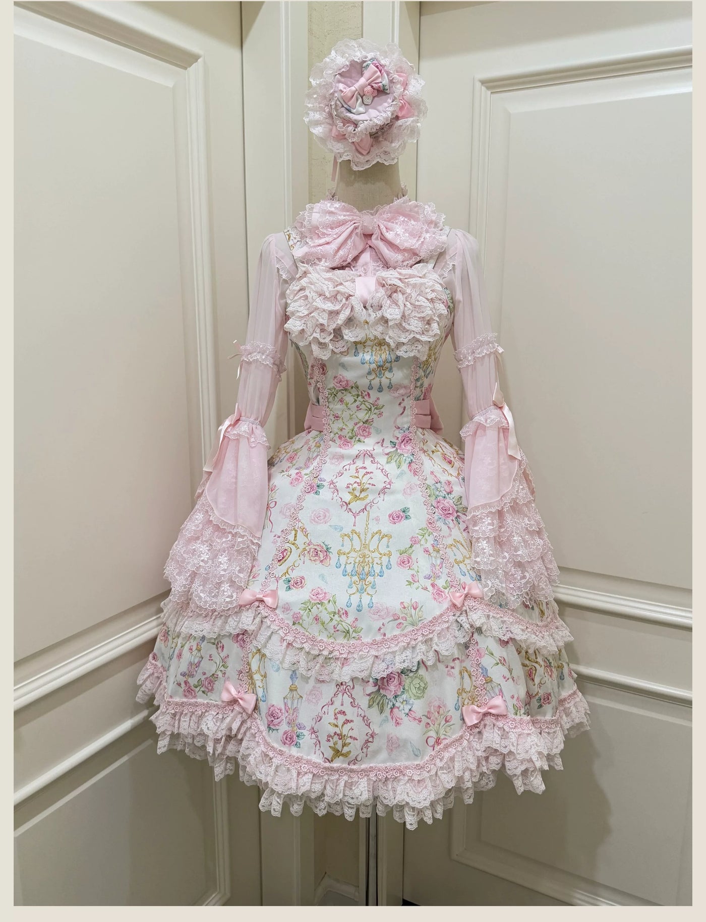 Tata Long Ear - Spring 2025 Floral Wall - Floral Print JSK Dress with Layered Lace Ruffles