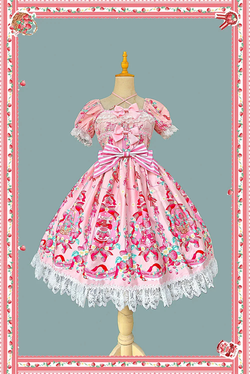 Strawberry Chef - Printed Old School Lolita Dress, Detachable Bows Pink OP S