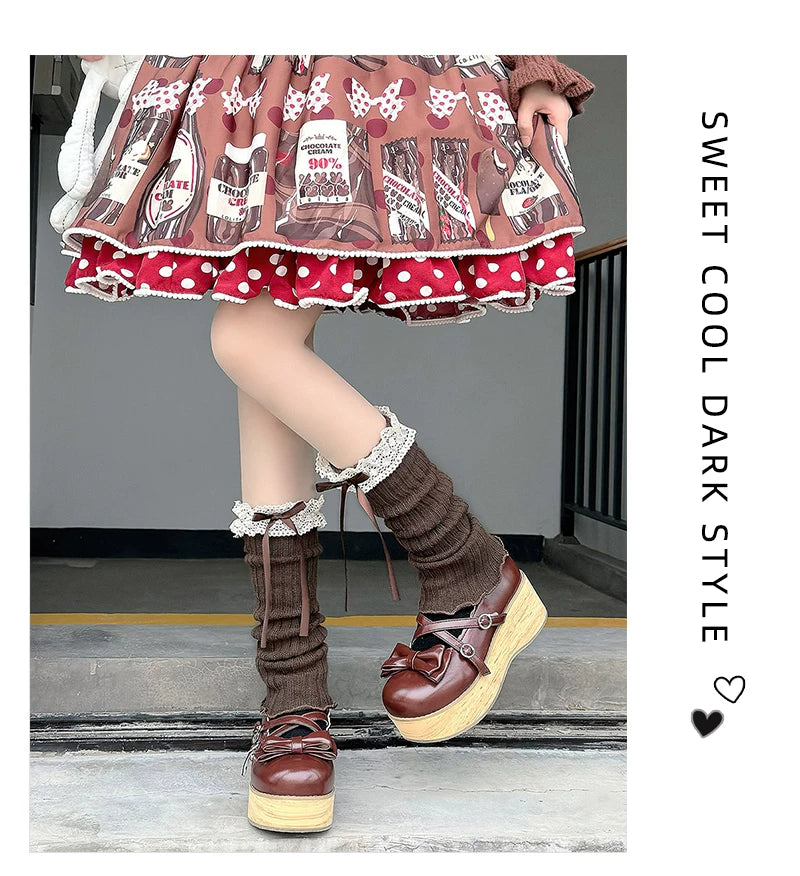 Brown ruched mid-calf socks with lace cuffs and ribbon ties styled with brown platform shoes.