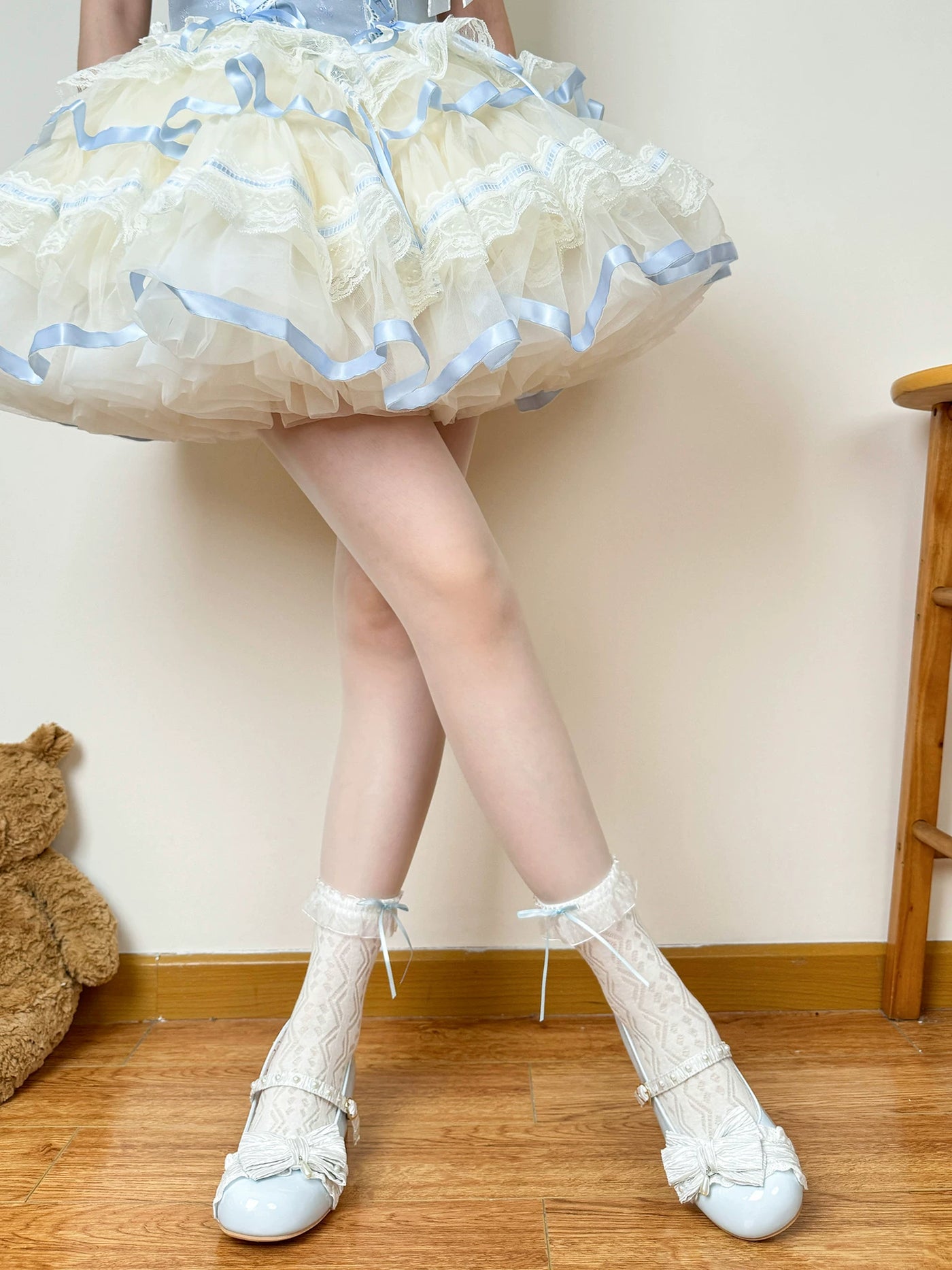 Chubby Bear Tales - Blue Ribbon Lace Collection - Blue-and-White Lolita Sock Collection with Bow Options