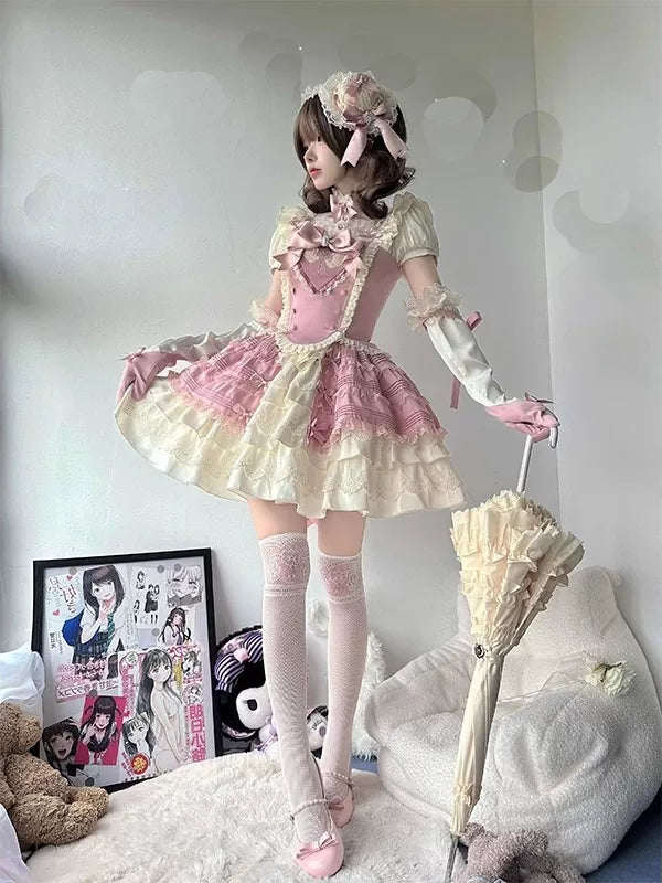 Creamy pink bustier blouse and short skirt Lolita set