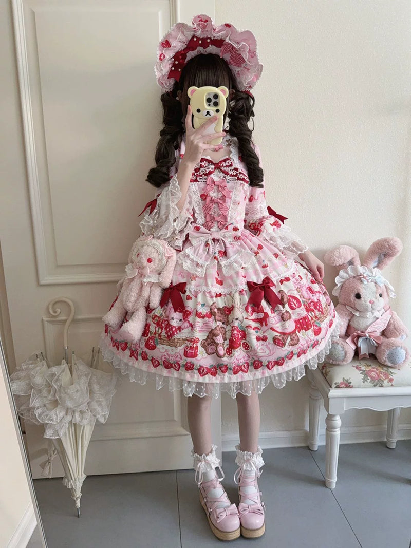 Tiantian - Strawberry - Long-Sleeved OP Dress with Lace Bows