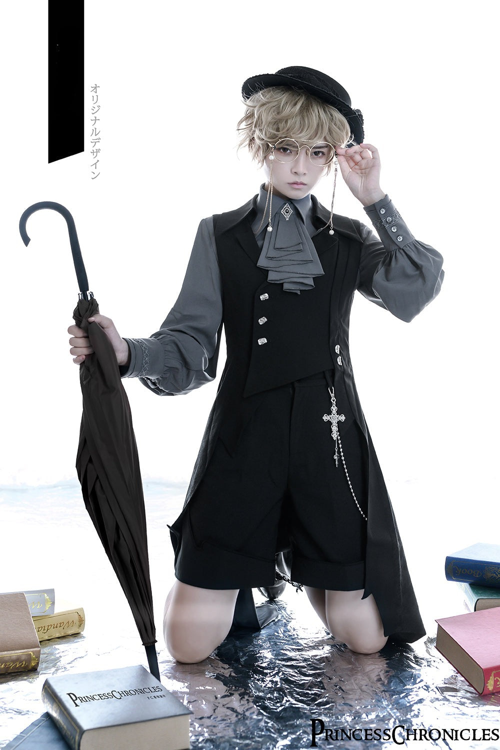 Princess Chronicles - Black and Blue - Retro Ouji Lolita Shirt, Mutton Sleeves